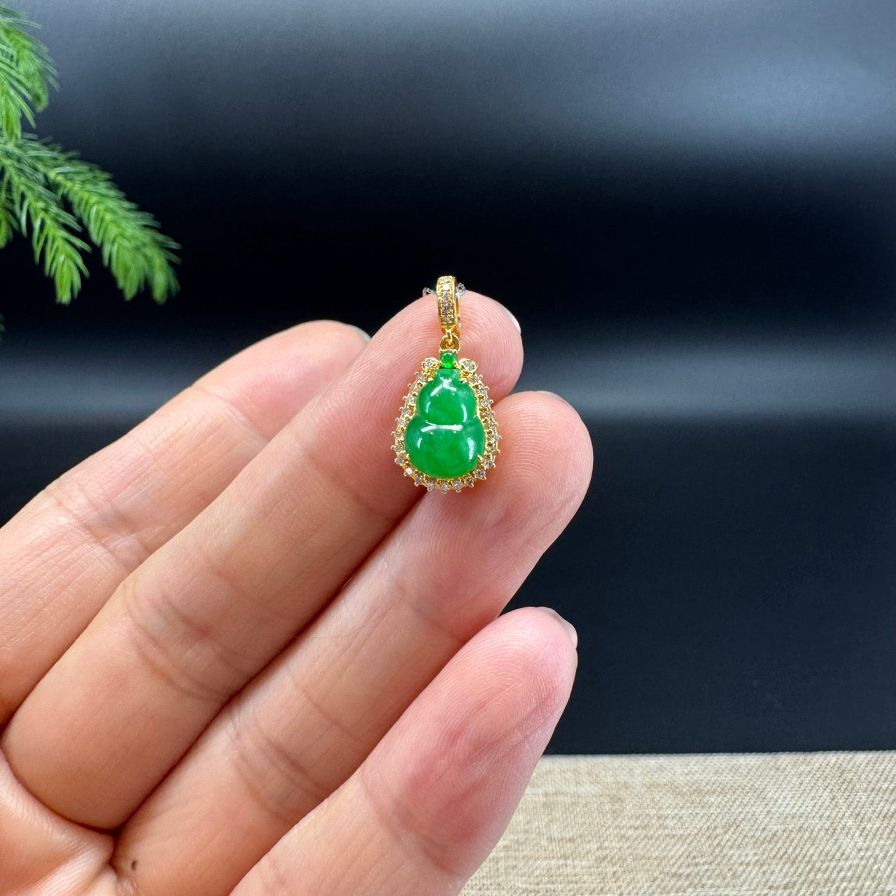 Genuine Green Jadeite Jade Mini Hulu Necklace With 18K Yellow Gold Diamonds Bail