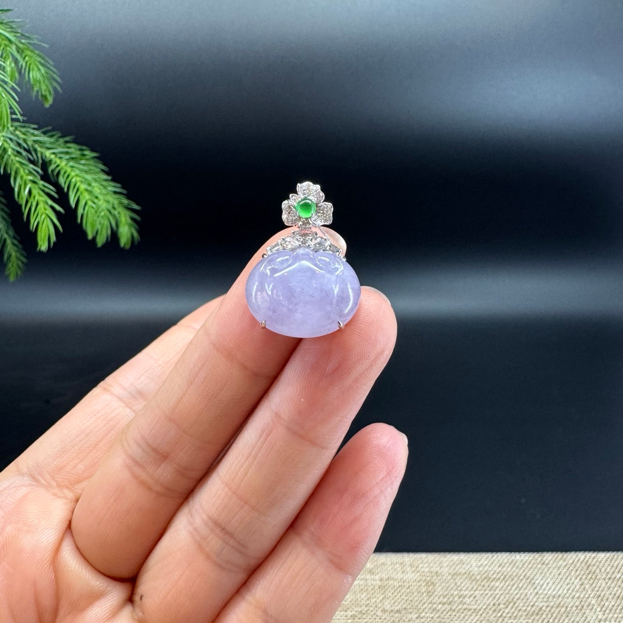 RealJade® Co. Genuine Light Lavender Jadeite Jade Good Luck RuYi  Necklace With 18K White Gold Diamonds Bail
