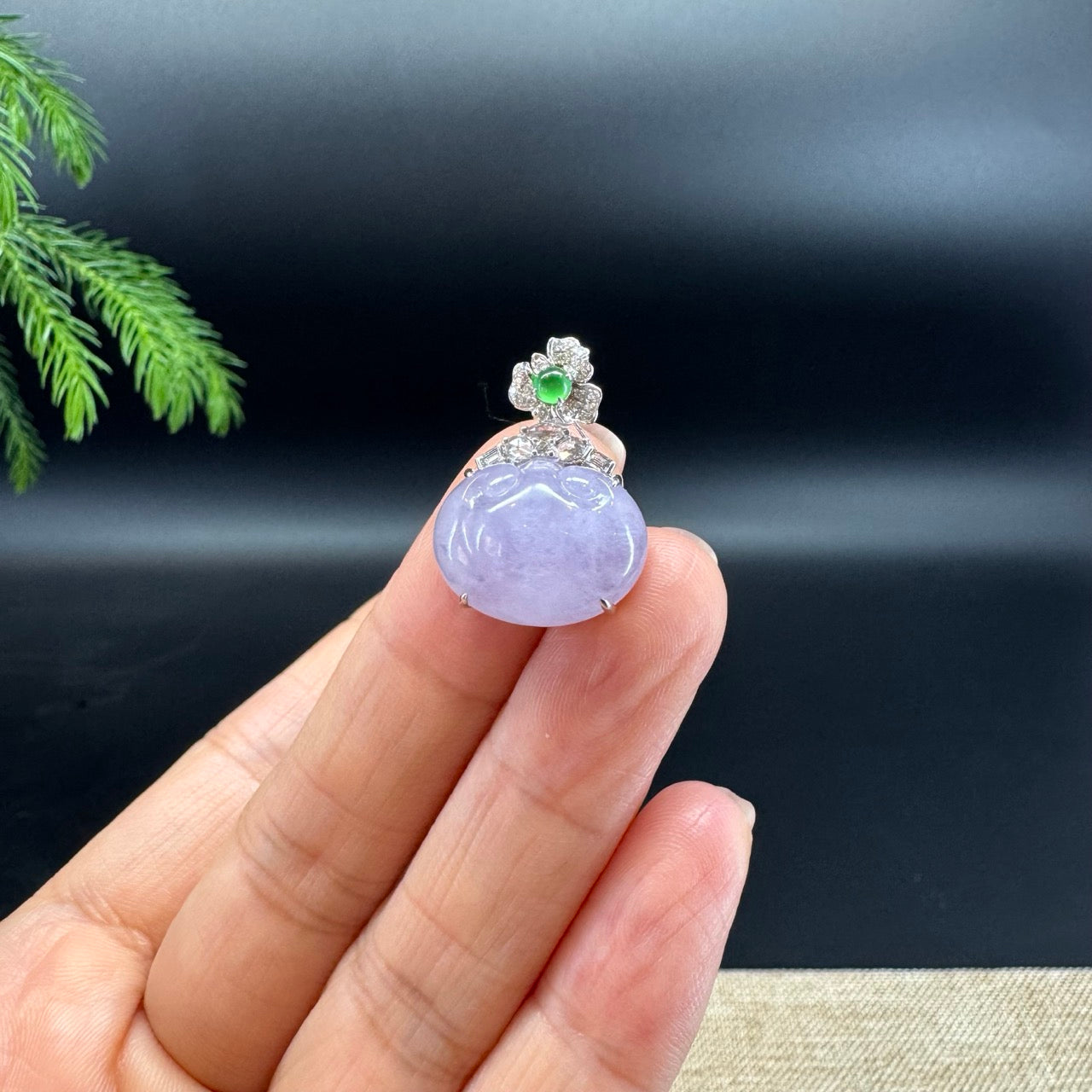 RealJade® Co. Genuine Light Lavender Jadeite Jade Good Luck RuYi  Necklace With 18K White Gold Diamonds Bail