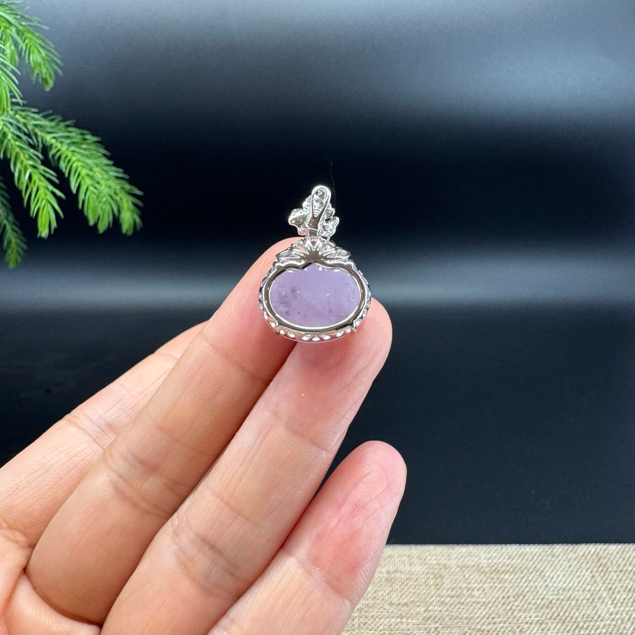 RealJade® Co. Genuine Light Lavender Jadeite Jade Good Luck RuYi  Necklace With 18K White Gold Diamonds Bail