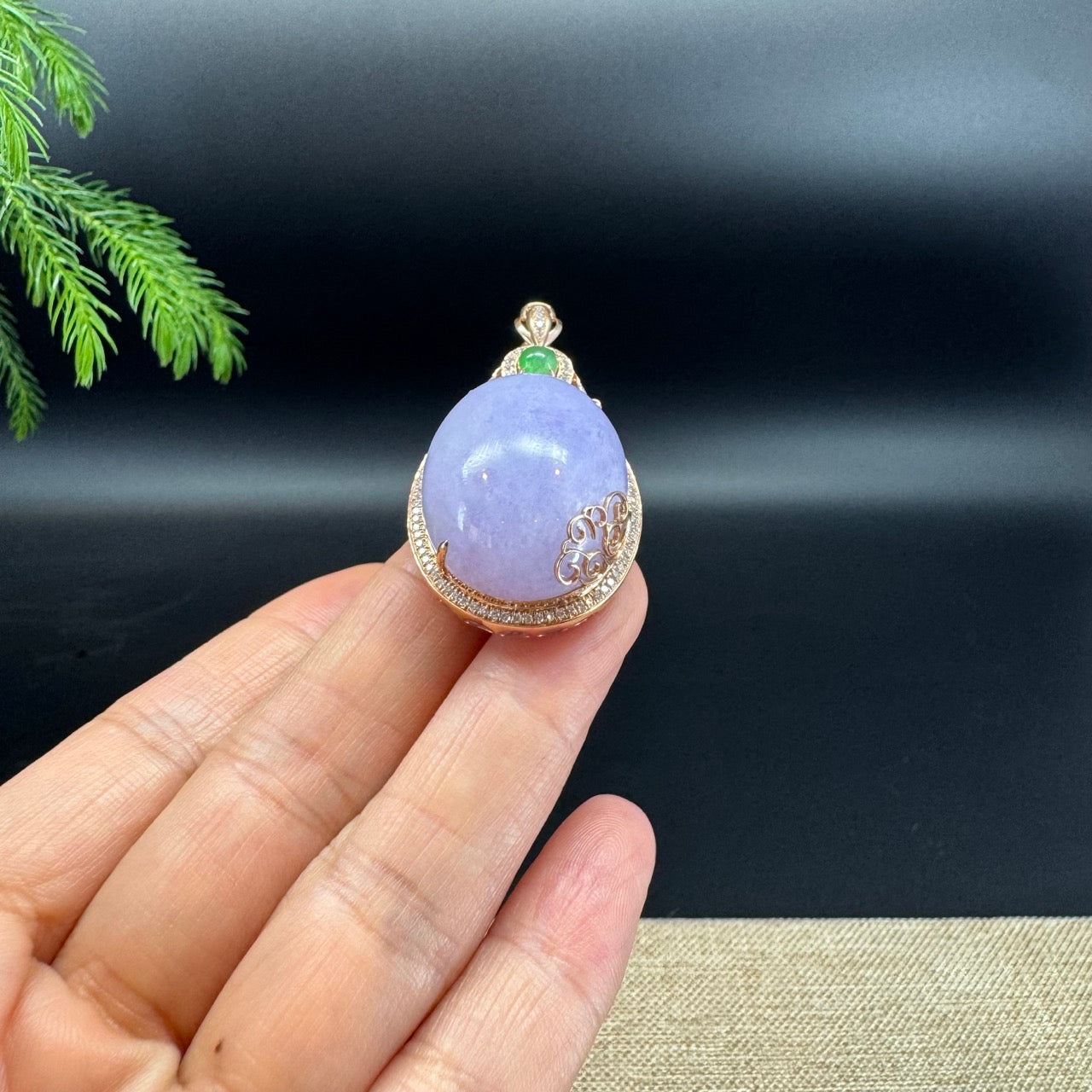 RealJade® Co. Luxury Genuine Lavender Jadeite Jade Cabochon Necklace With 18K Rose Gold Diamond Bail
