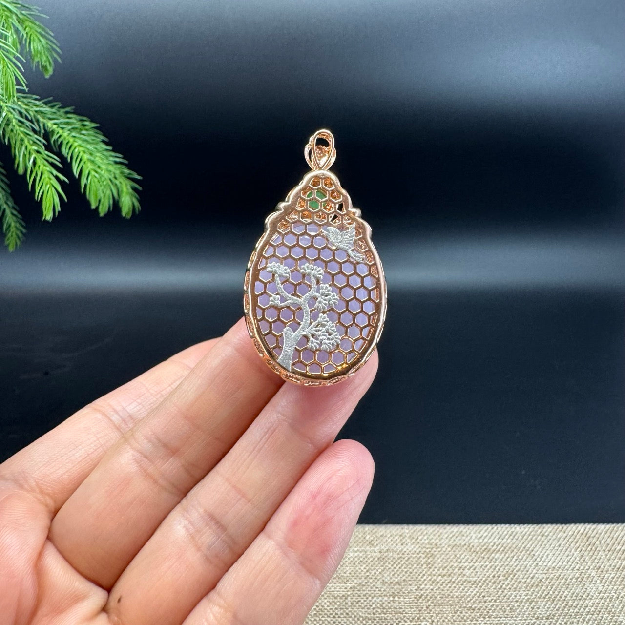 RealJade® Co. Luxury Genuine Lavender Jadeite Jade Cabochon Necklace With 18K Rose Gold Diamond Bail