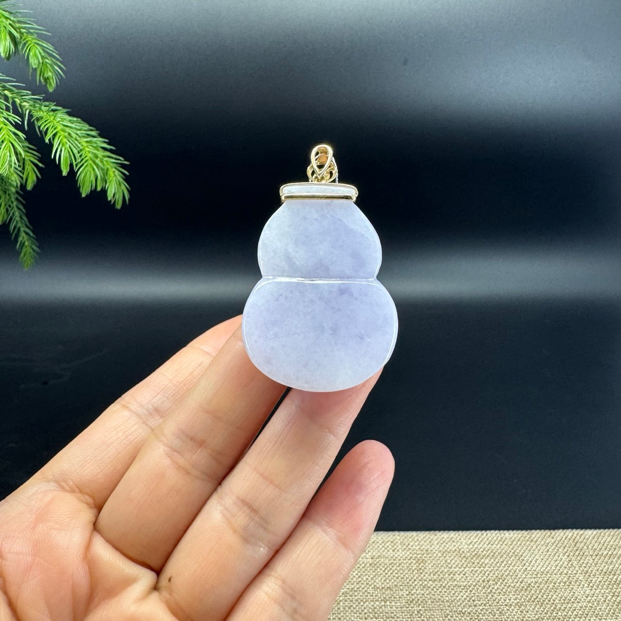 Genuine Lavender Jadeite Jade Hulu Necklace With 14K Yellow Gold Diamonds Bail