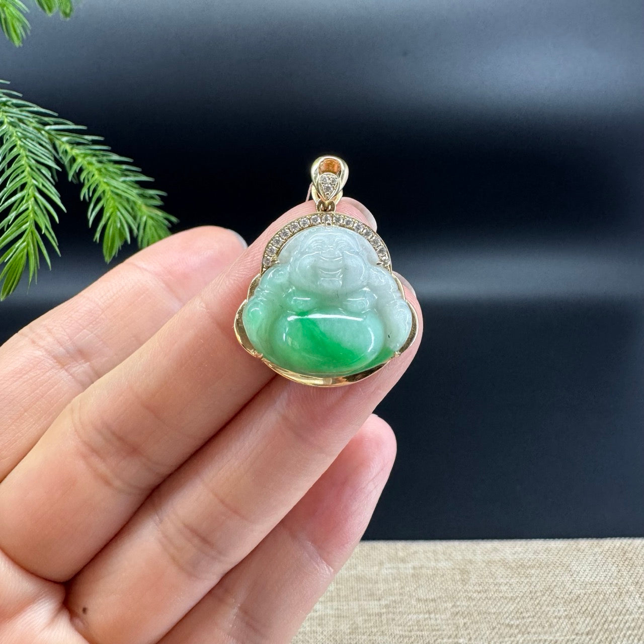 14K Yellow Gold Burmese White Green Jadeite Jade Happy Buddha Pendant with Diamond