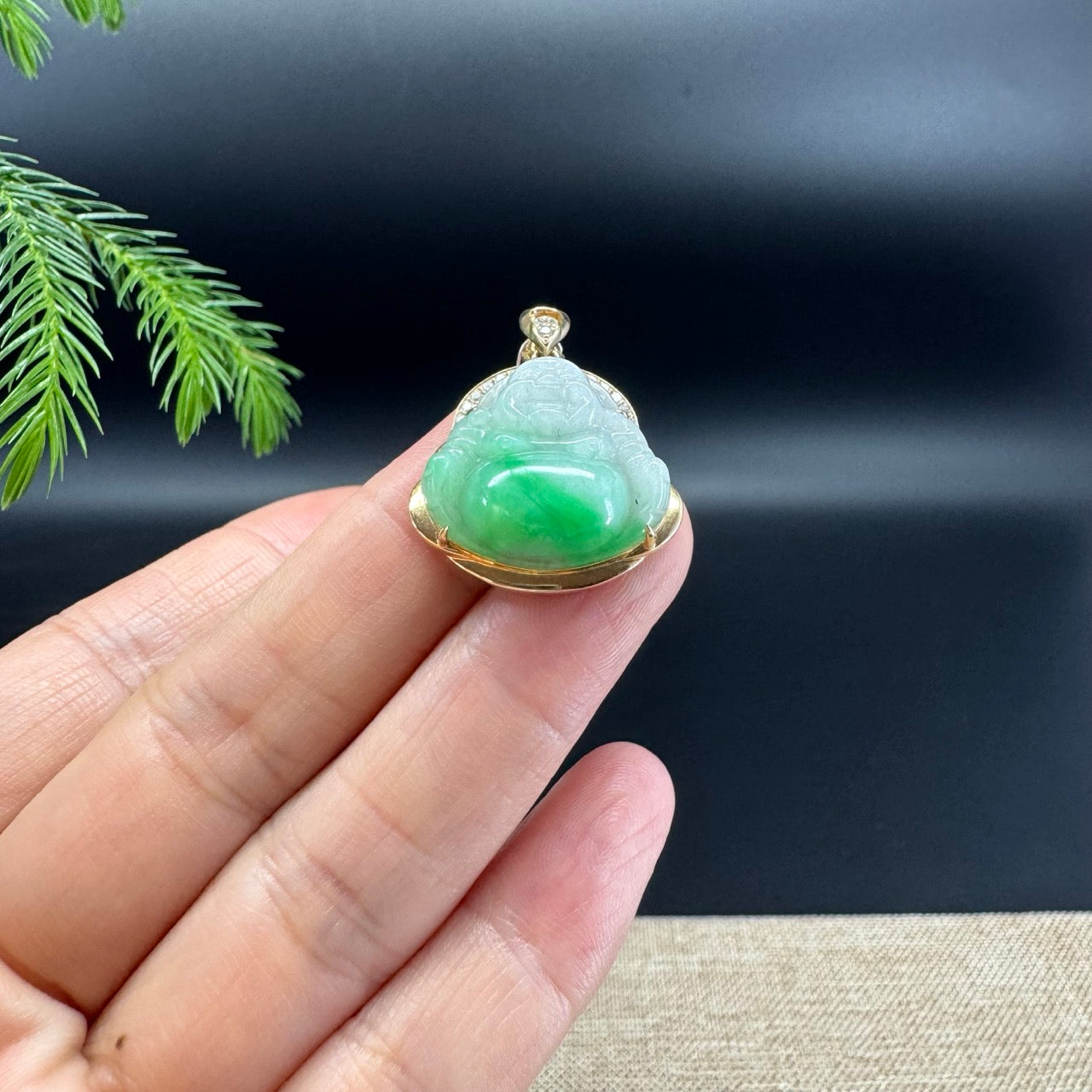 14K Yellow Gold Burmese White Green Jadeite Jade Happy Buddha Pendant with Diamond