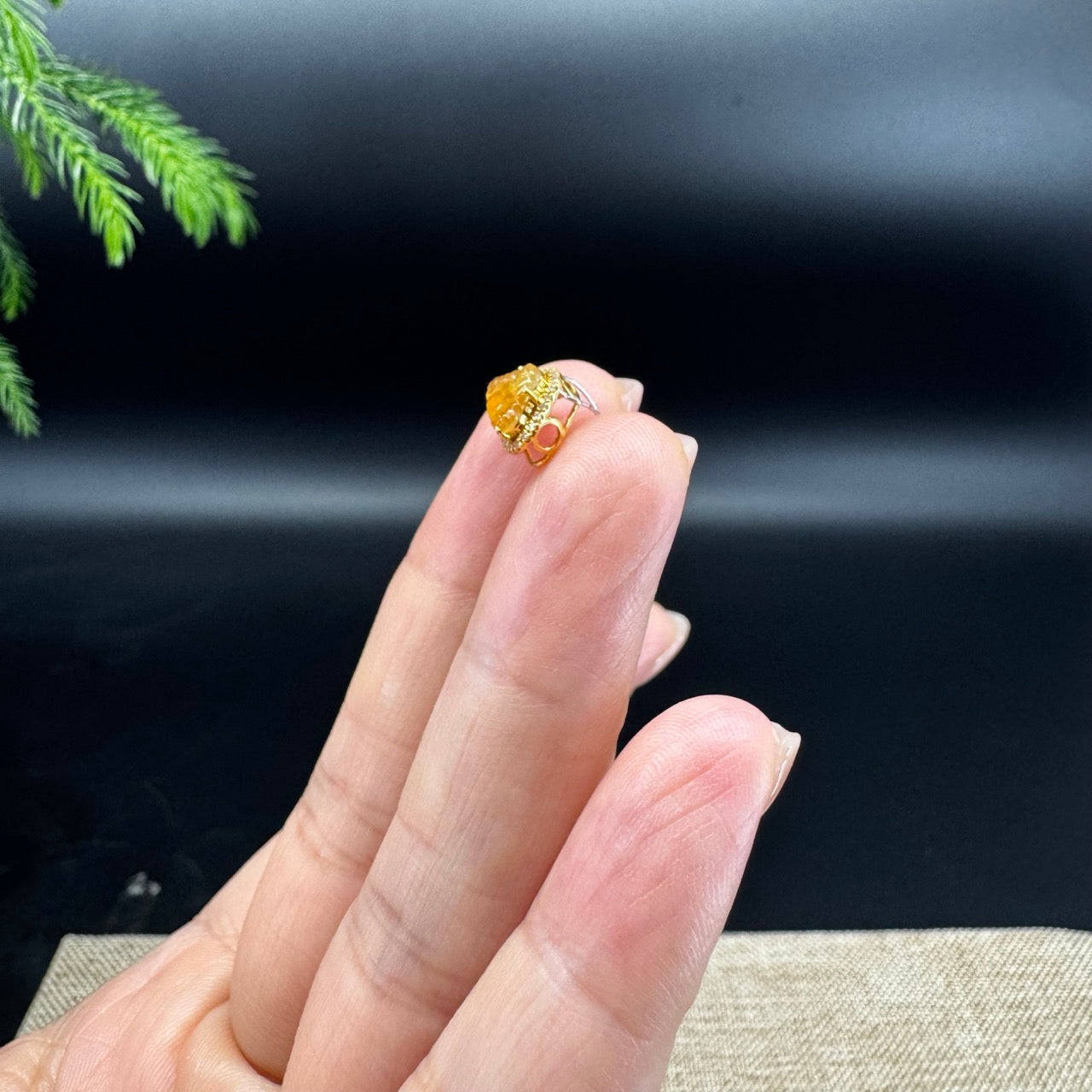 18K Yellow Gold Burmese Honey Yellow Jadeite Jade Mini Buddha Pendant With Diamonds
