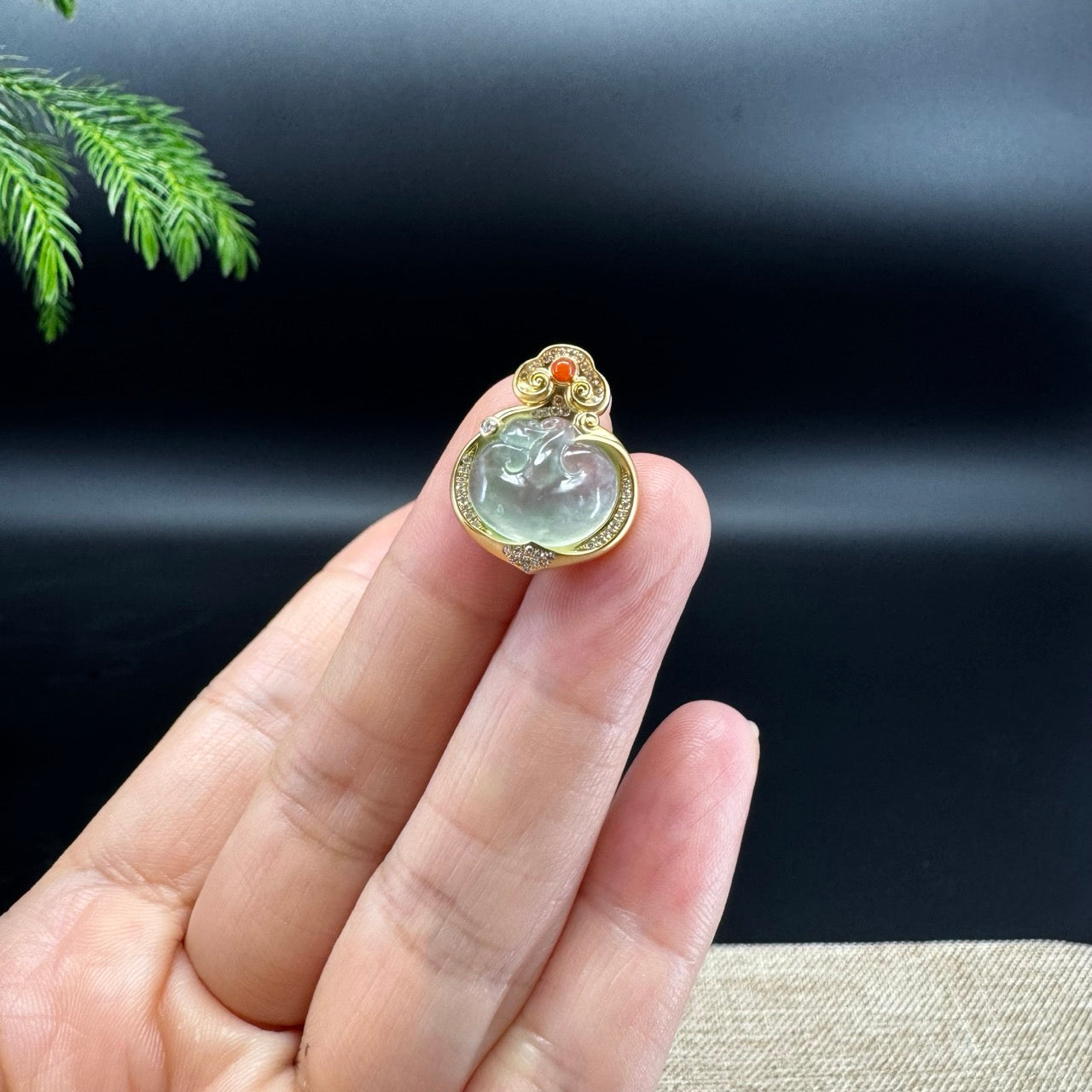 RealJade® Co. Genuine Icy Green Jadeite Jade RuYi Necklace With 18K Yellow Gold Diamonds Bail
