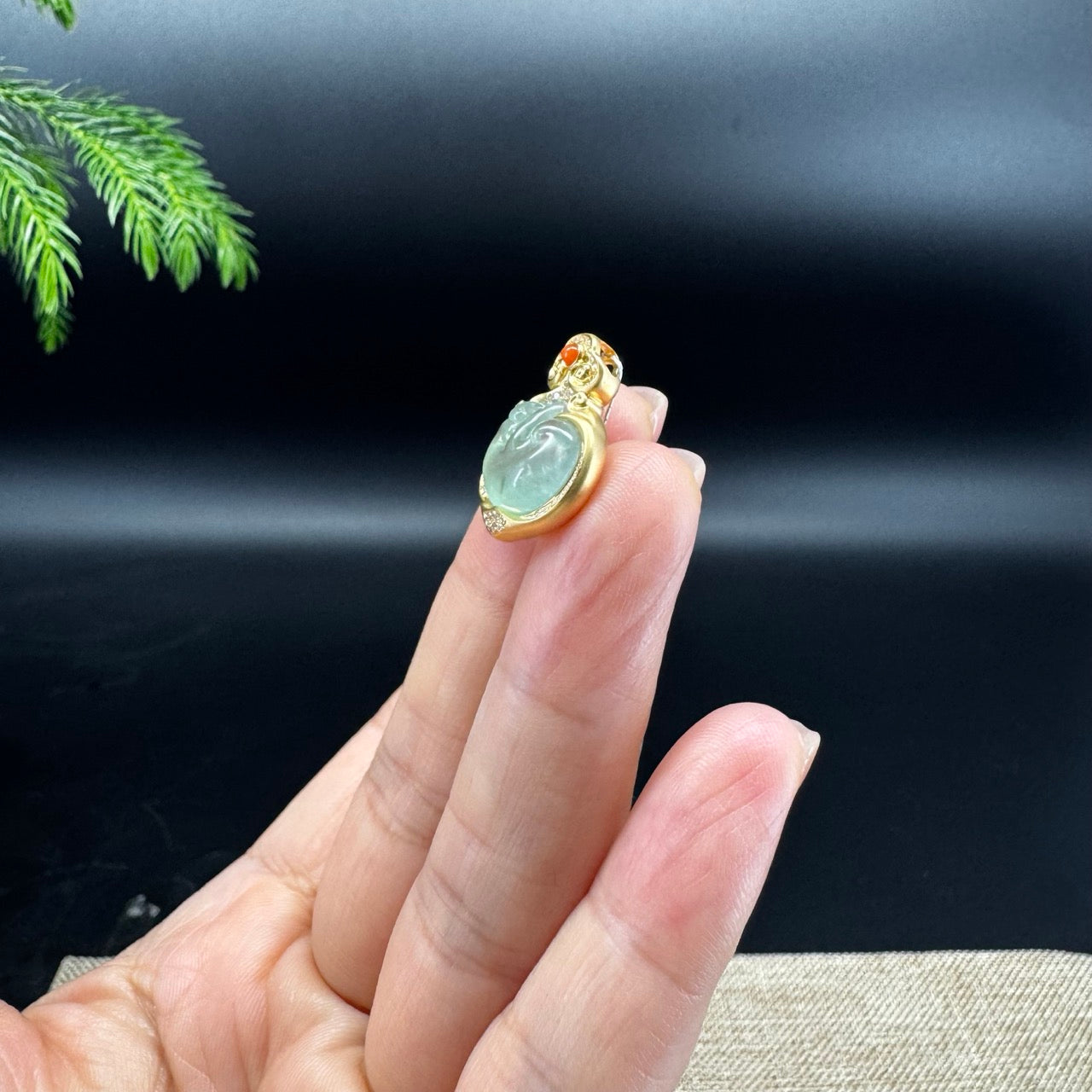 RealJade® Co. Genuine Icy Green Jadeite Jade RuYi Necklace With 18K Yellow Gold Diamonds Bail