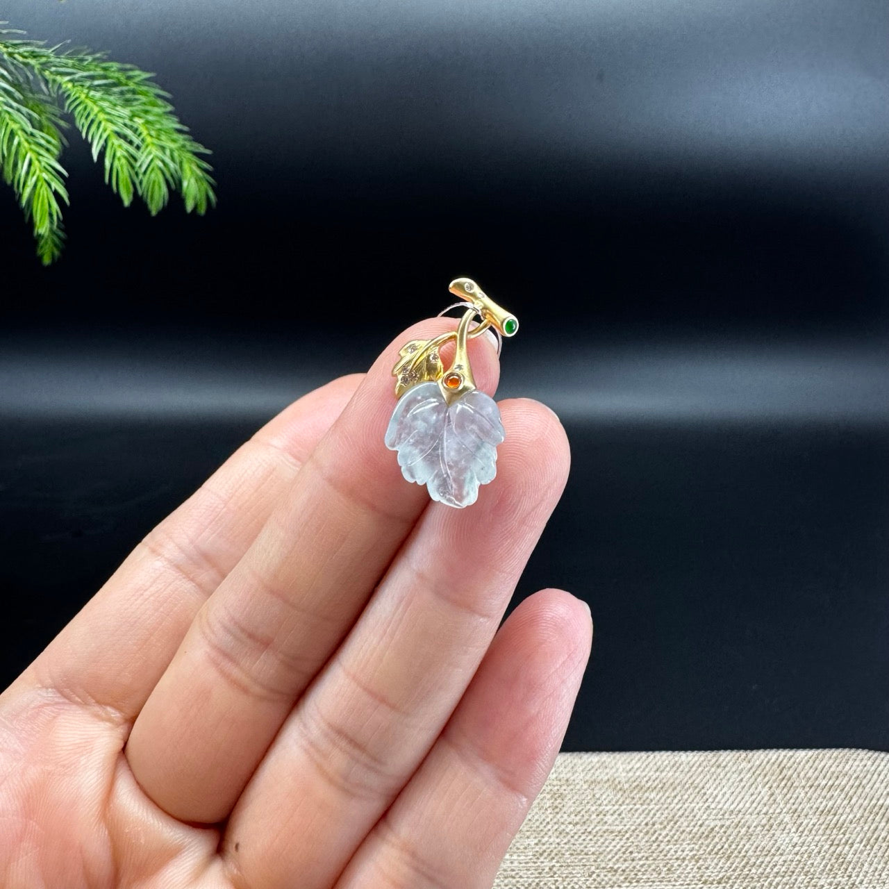 RealJade® "Maple Leaf" 18K Yellow Gold Icy Moonlight Jadeite Jade Pendant Necklace