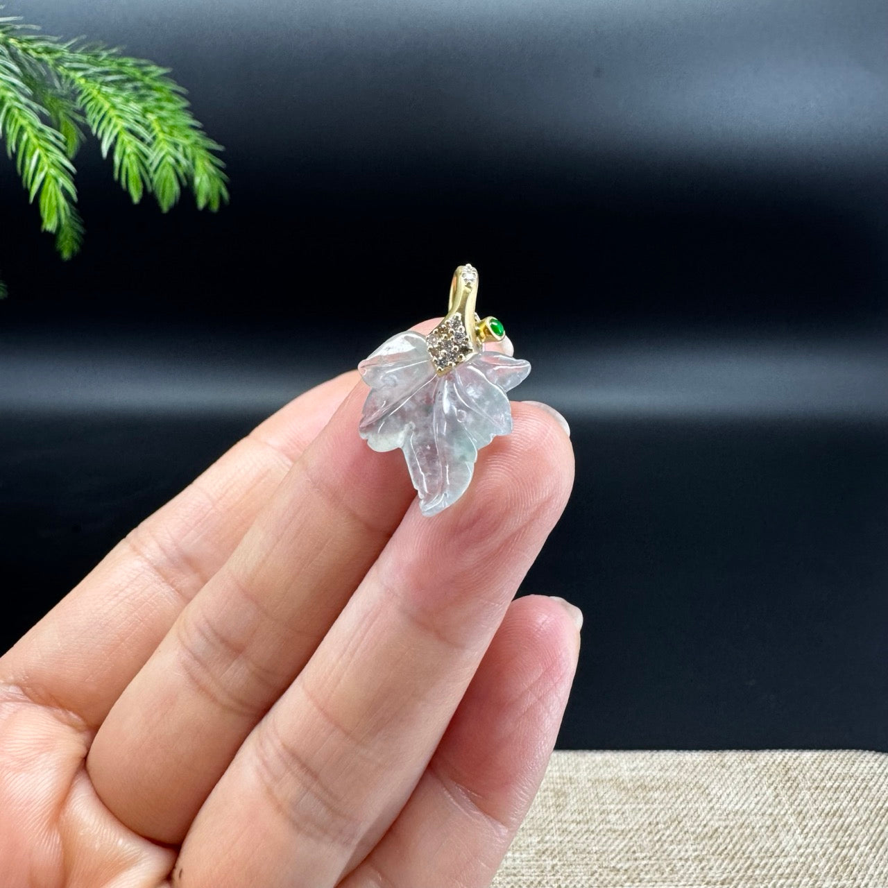 RealJade® "Maple Leaf" 18K Yellow Gold Icy Blue Flower Jadeite Jade Pendant With Diamonds