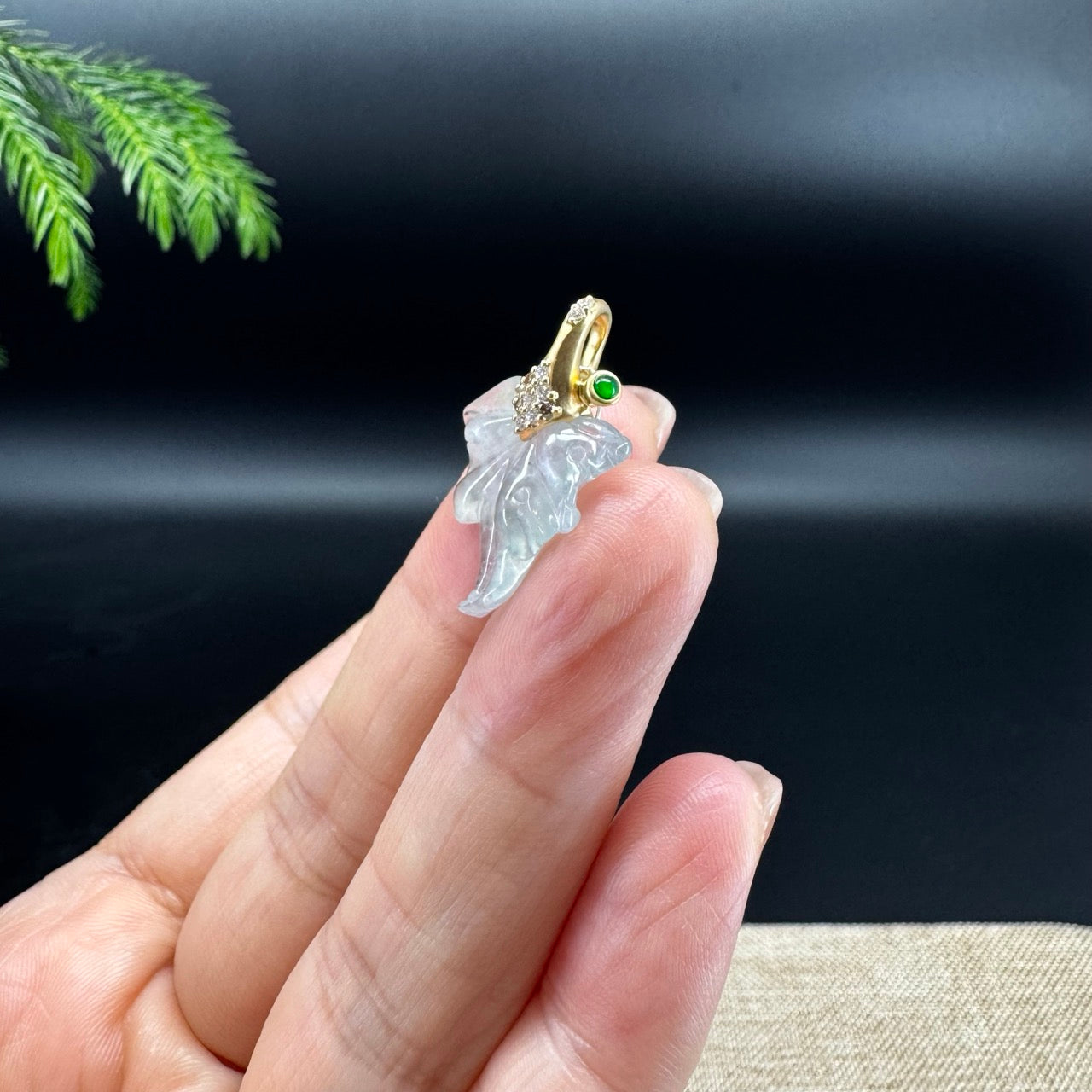 RealJade® "Maple Leaf" 18K Yellow Gold Icy Blue Flower Jadeite Jade Pendant With Diamonds