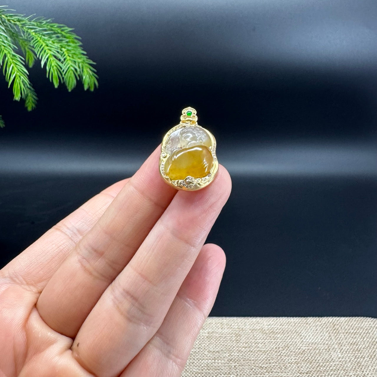 18K Yellow Gold Burmese Honey-Yellow Jadeite Jade Baby Buddha Pendant With Diamonds