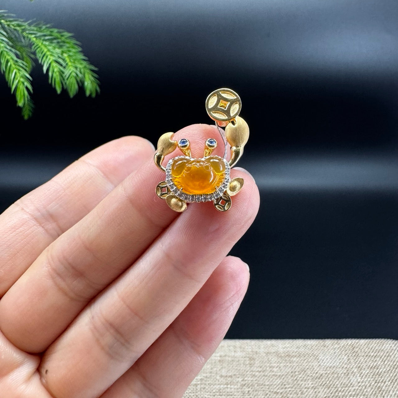 RealJade® Co. 18K Yellow Gold Genuine Honey Yellow Jadeite Jade Crab Necklace With Diamonds