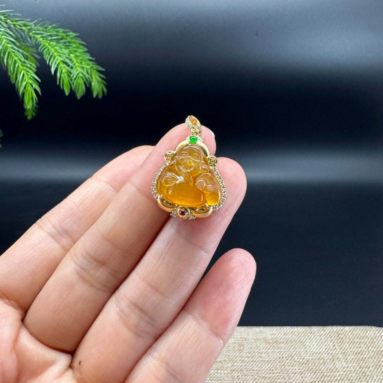 18K Yellow Gold Burmese Honey Yellow Jadeite Jade Money Saint Pendant with Diamonds