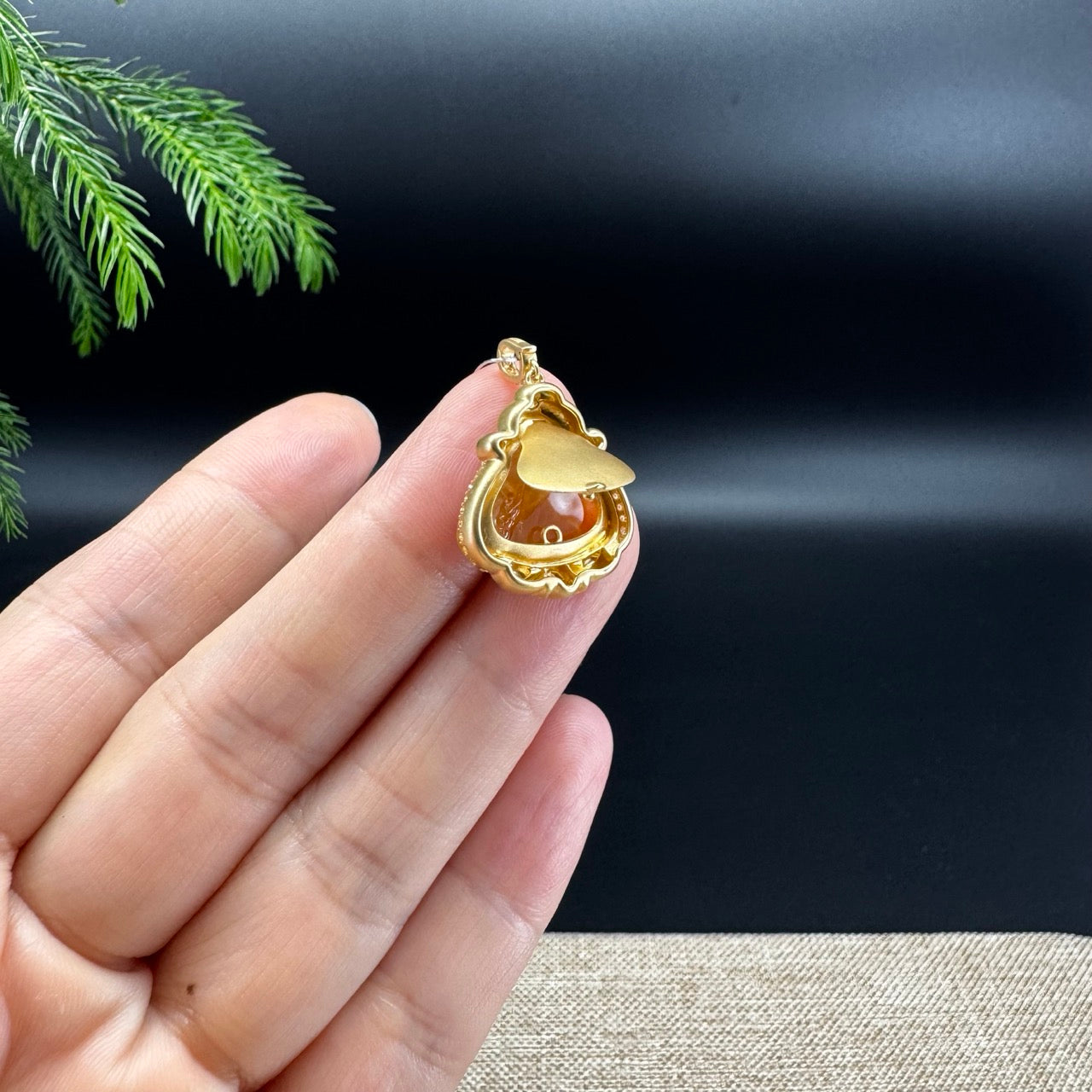 18K Yellow Gold Burmese Honey Yellow Jadeite Jade Money Saint Pendant with Diamonds