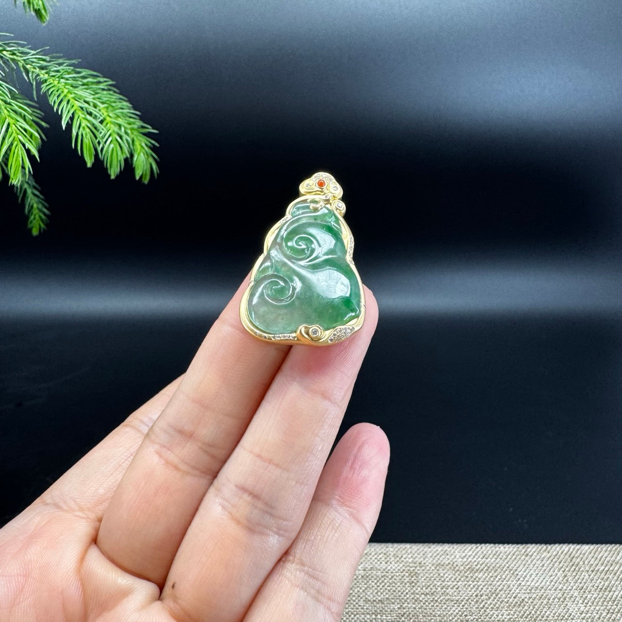 RealJade® Co. Genuine Green Jadeite Jade Ru Yi Pendant with 18k Yellow Gold Diamond Bail