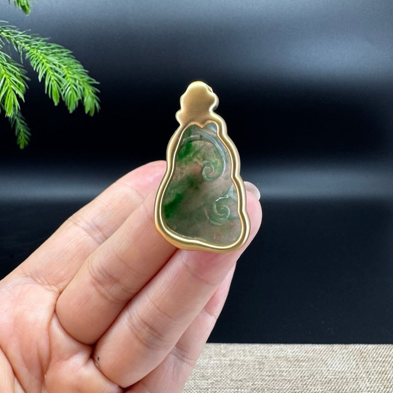 RealJade® Co. Genuine Green Jadeite Jade Ru Yi Pendant with 18k Yellow Gold Diamond Bail