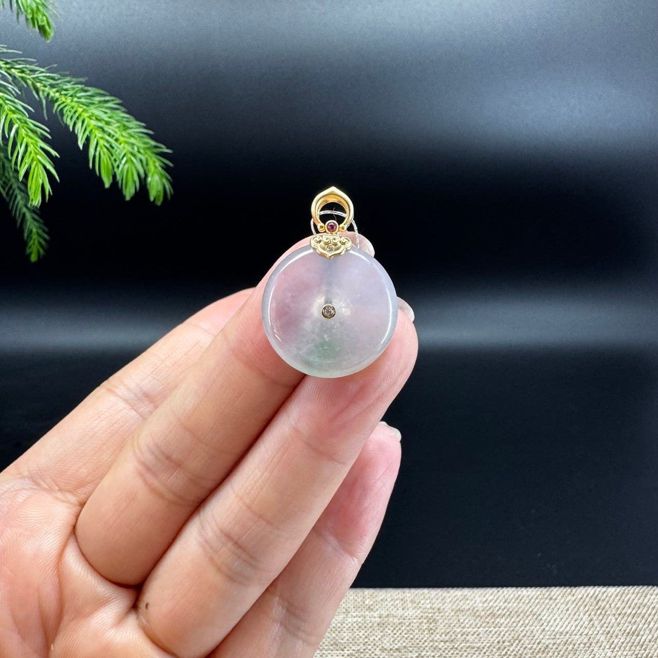 "Good Luck Button"Icy Green Jadeite Jade Lucky KouKou Pendant With 18K Yellow Gold Bail