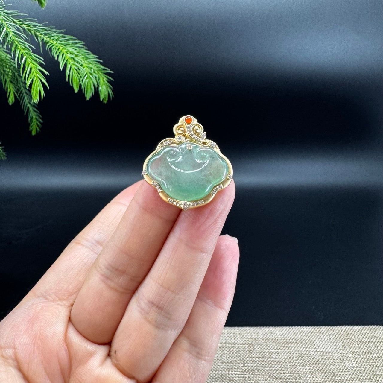 RealJade® Co. Genuine Light Green Jadeite Jade Ru Yi Pendant with 18k Yellow Gold Diamond Bail