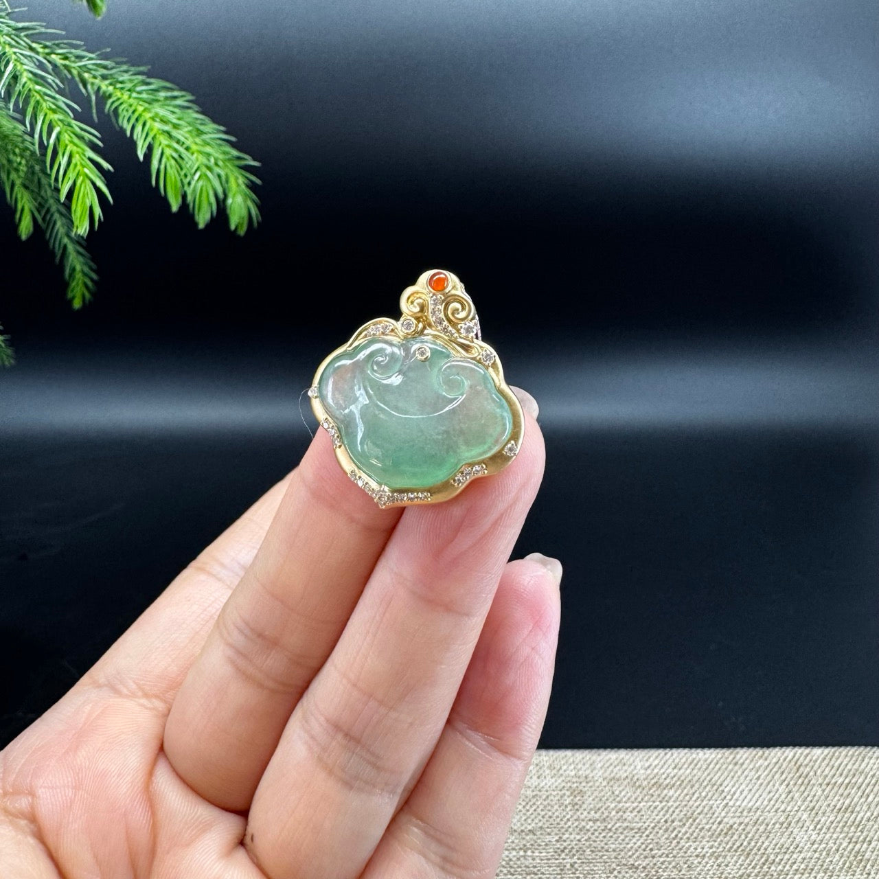RealJade® Co. Genuine Light Green Jadeite Jade Ru Yi Pendant with 18k Yellow Gold Diamond Bail