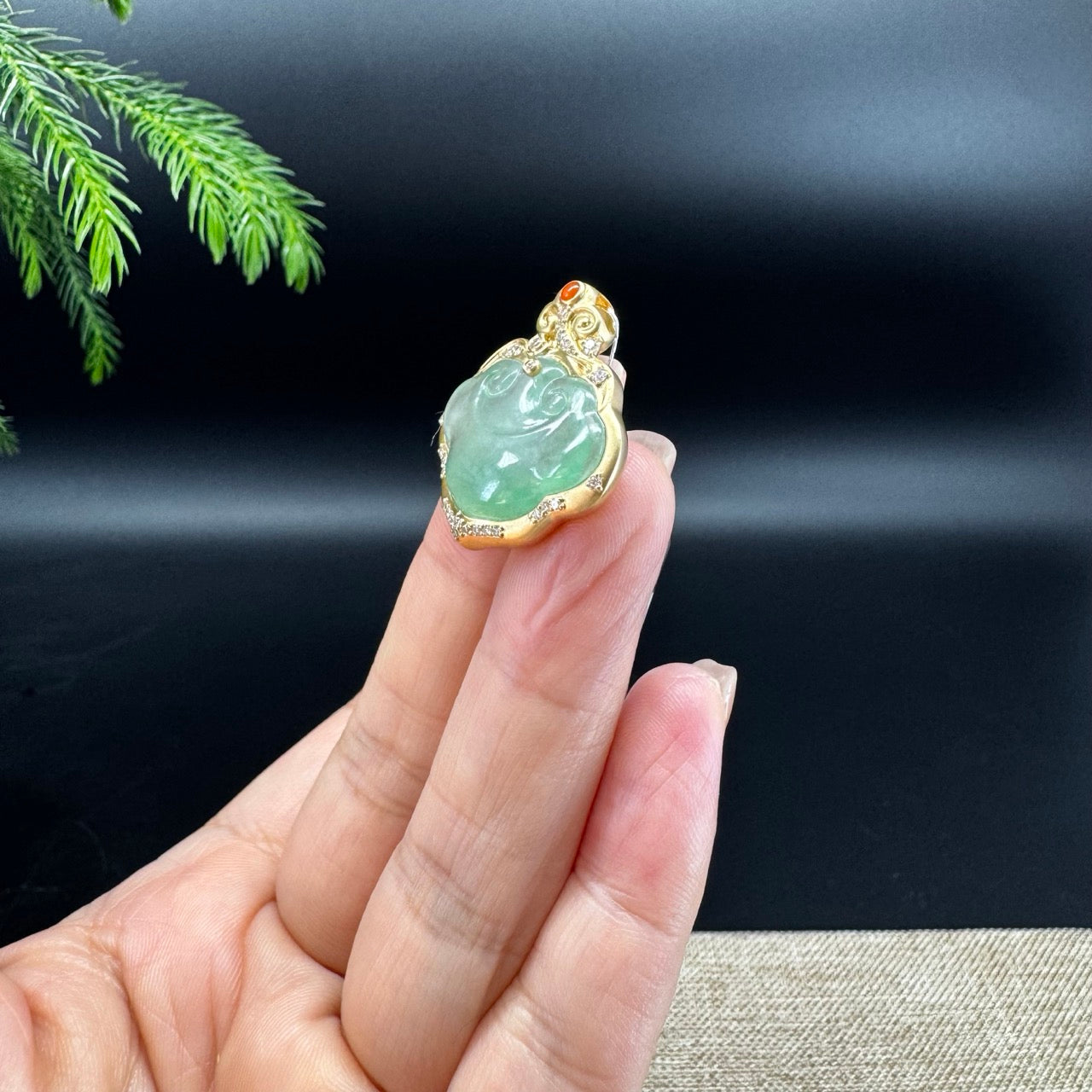 RealJade® Co. Genuine Light Green Jadeite Jade Ru Yi Pendant with 18k Yellow Gold Diamond Bail