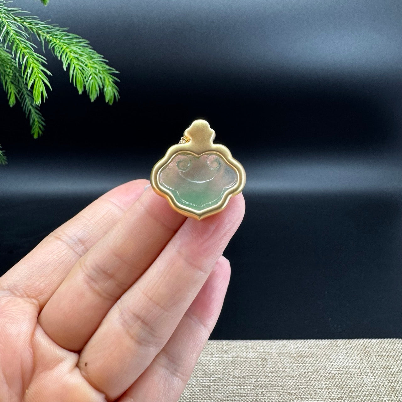 RealJade® Co. Genuine Light Green Jadeite Jade Ru Yi Pendant with 18k Yellow Gold Diamond Bail