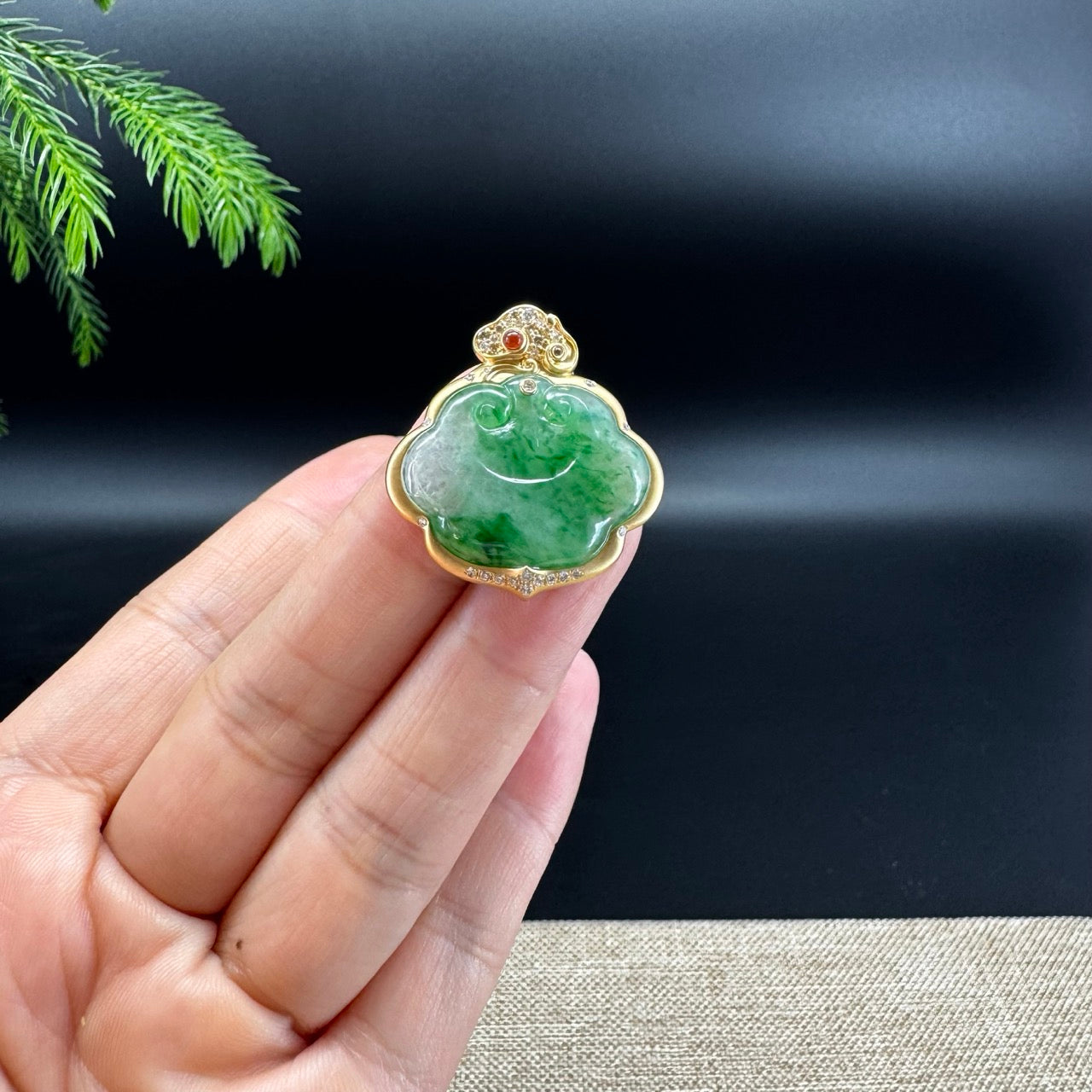 RealJade® Co. Genuine Forest Green Jadeite Jade RuYi Pendant with 18k Yellow Gold Diamond Bail