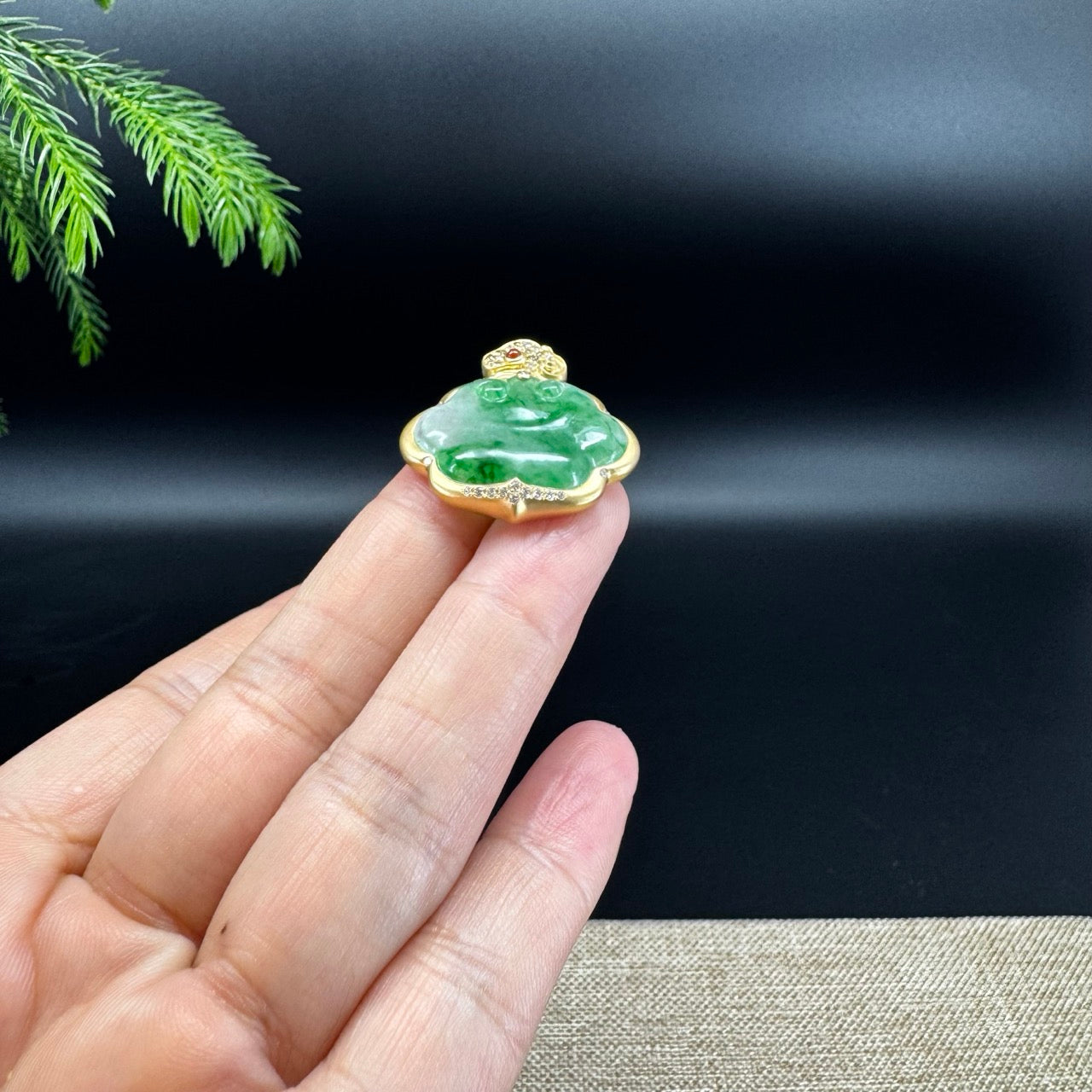 RealJade® Co. Genuine Forest Green Jadeite Jade RuYi Pendant with 18k Yellow Gold Diamond Bail