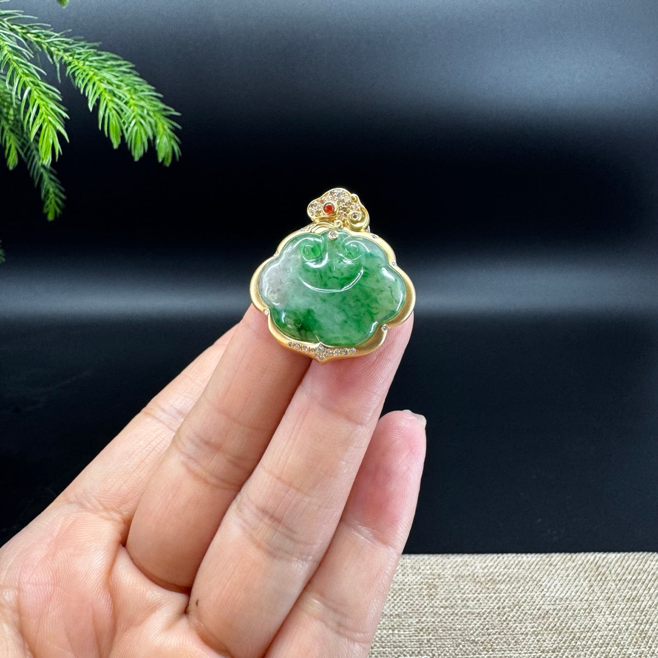 RealJade® Co. Genuine Forest Green Jadeite Jade RuYi Pendant with 18k Yellow Gold Diamond Bail