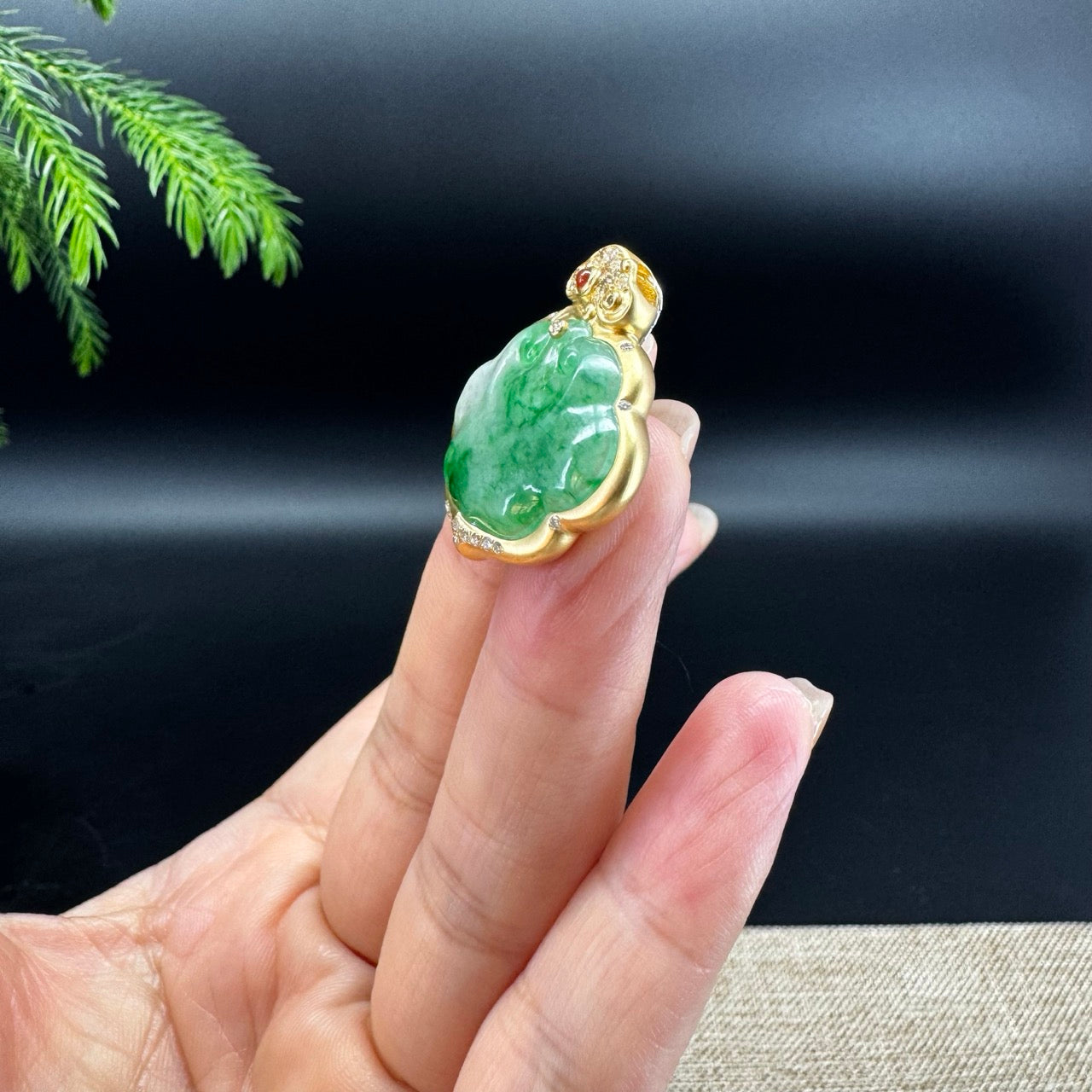 RealJade® Co. Genuine Forest Green Jadeite Jade RuYi Pendant with 18k Yellow Gold Diamond Bail