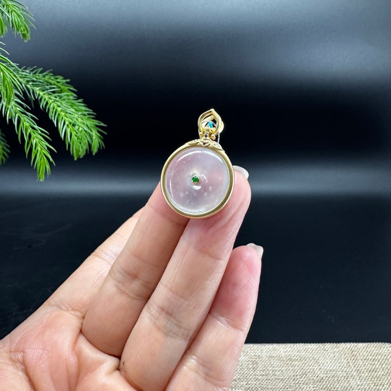 "Good Luck Button" Icy Jadeite Jade Lucky KouKou Pendant With 18K Yellow Gold Bail