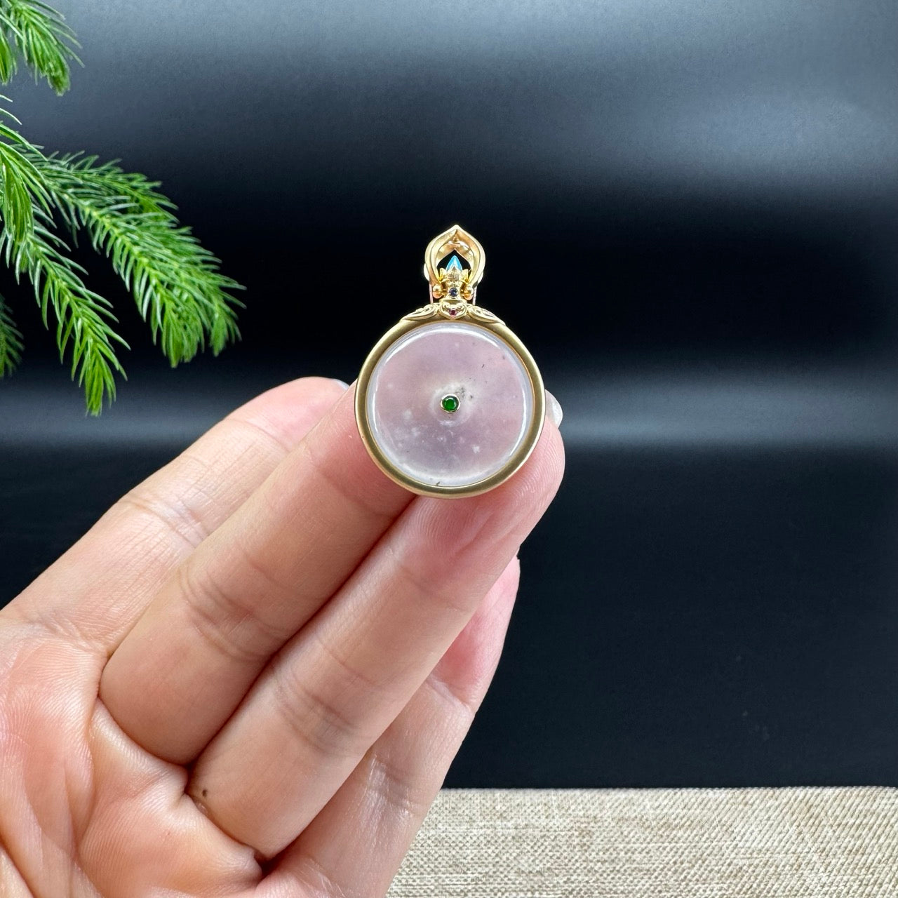 "Good Luck Button" Icy Jadeite Jade Lucky KouKou Pendant With 18K Yellow Gold Bail
