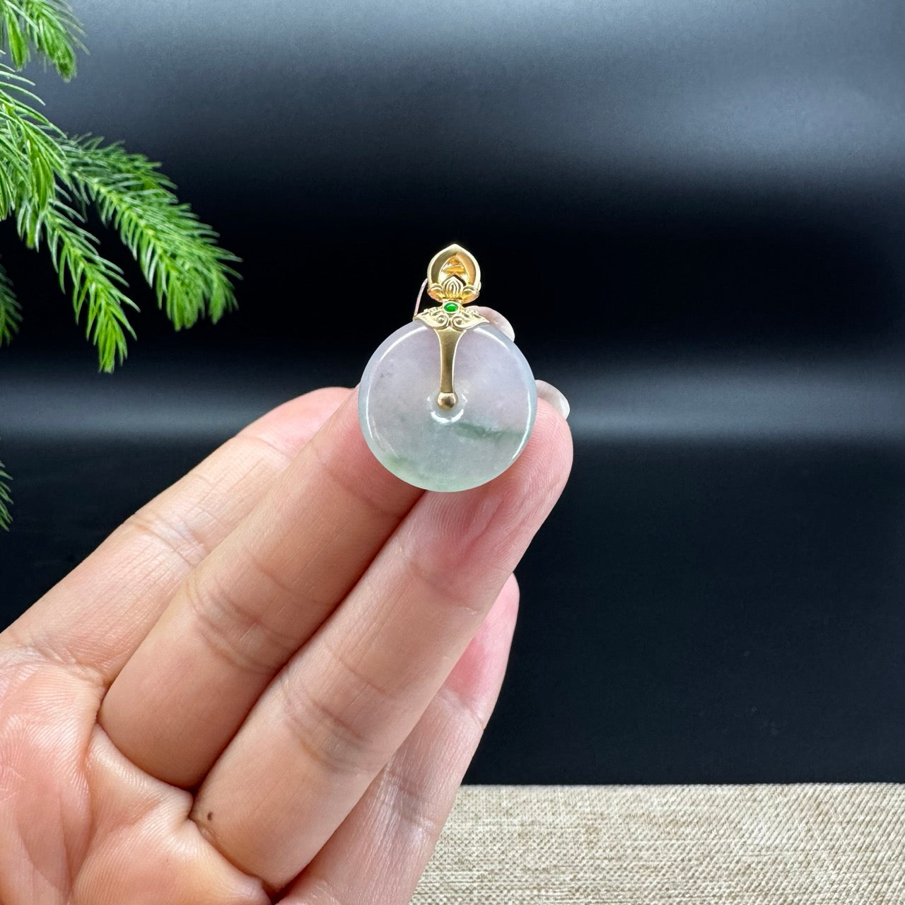 "Good Luck Button" Icy Green Jadeite Jade Lucky KouKou Pendant With 18K Yellow Gold Bail