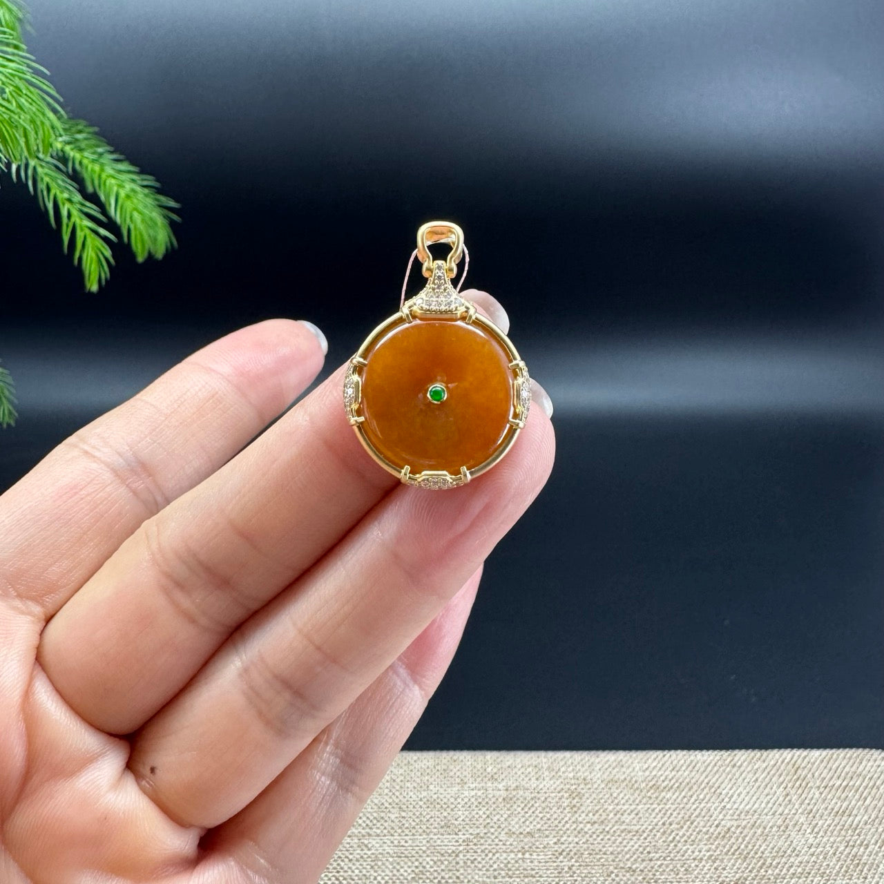 "Good Luck Button" Honey Yellow Jadeite Jade Lucky KouKou Pendant With 18K Yellow Gold Bail