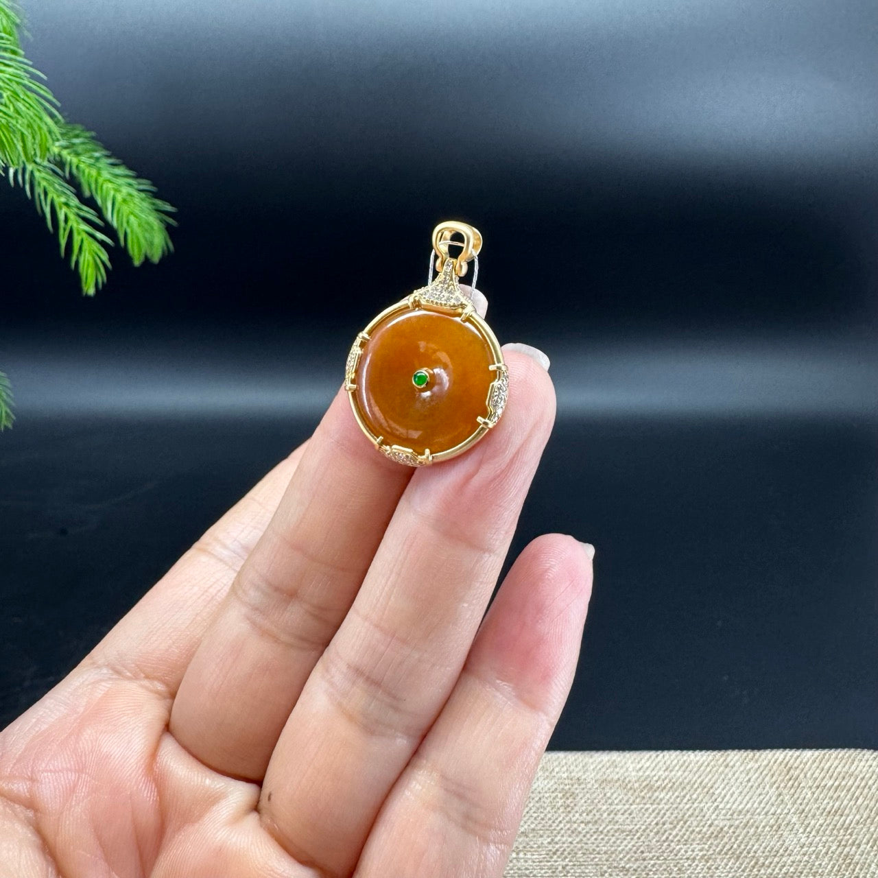 "Good Luck Button" Honey Yellow Jadeite Jade Lucky KouKou Pendant With 18K Yellow Gold Bail
