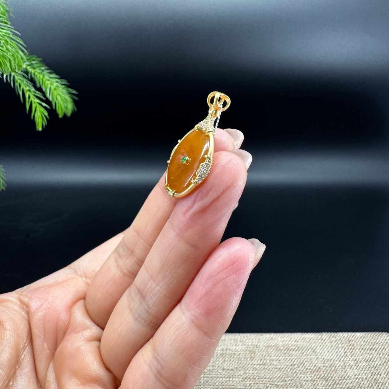 "Good Luck Button" Honey Yellow Jadeite Jade Lucky KouKou Pendant With 18K Yellow Gold Bail