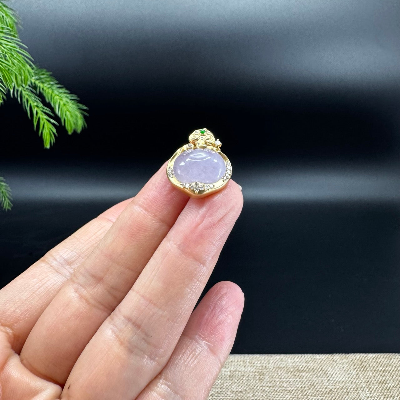 RealJade® Co. Genuine Pink Lavender Jadeite Jade RuYi Necklace With 18K Yellow Gold Diamonds Bail