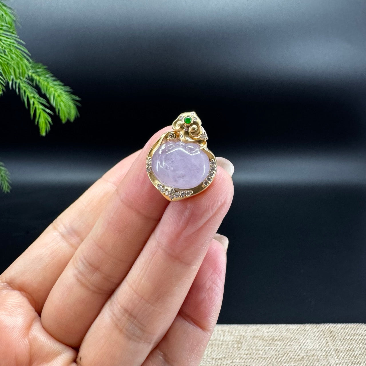 RealJade® Co. Genuine Pink Lavender Jadeite Jade RuYi Necklace With 18K Yellow Gold Diamonds Bail