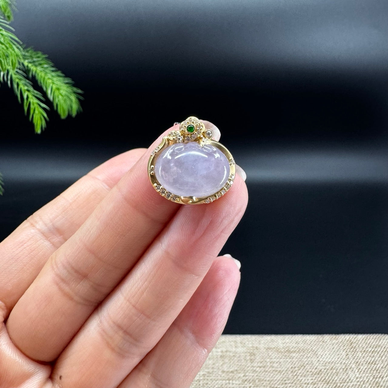 RealJade® Co. Genuine Light Lavender Jadeite Jade RuYi Necklace With 18K Yellow Gold Bail