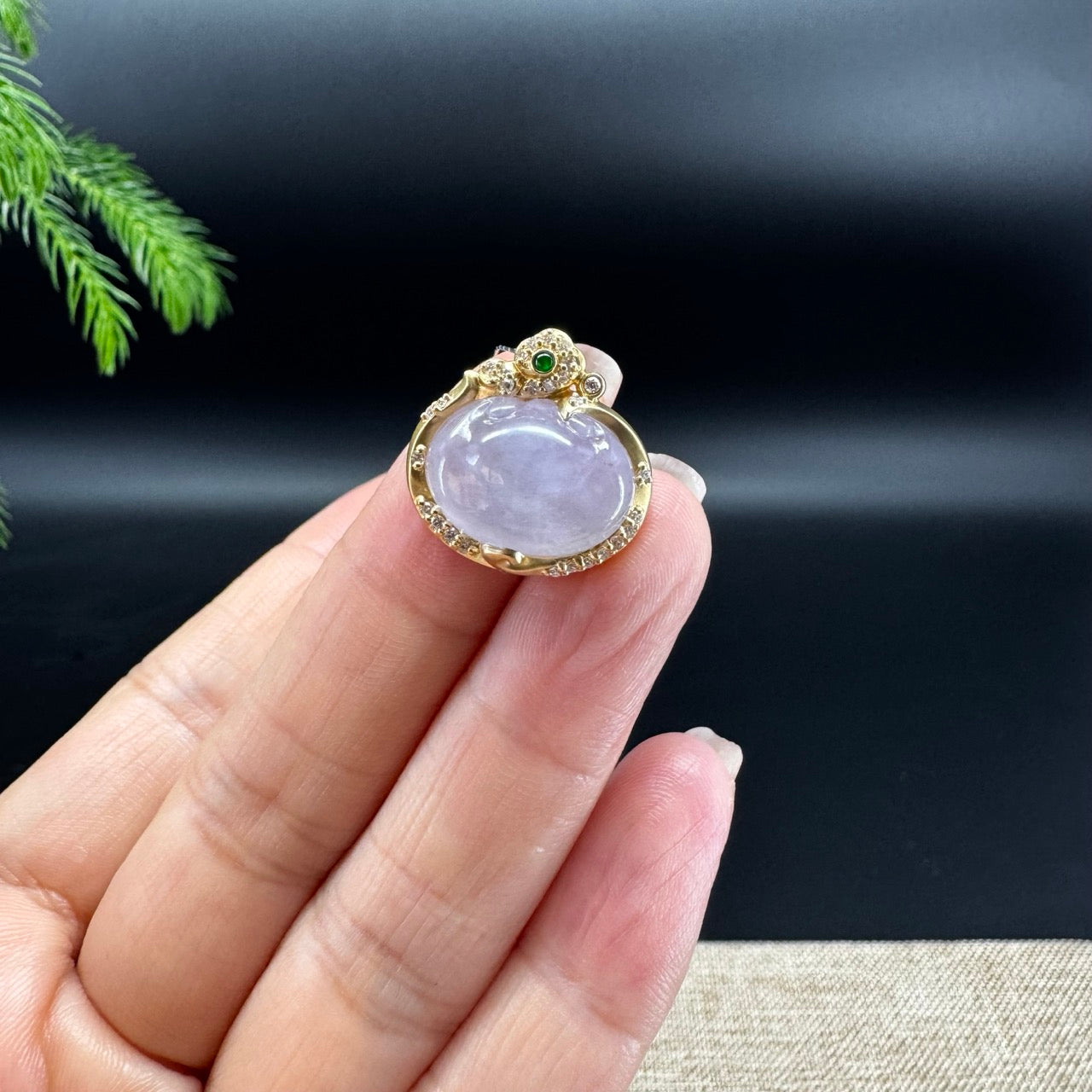 RealJade® Co. Genuine Light Lavender Jadeite Jade RuYi Necklace With 18K Yellow Gold Bail
