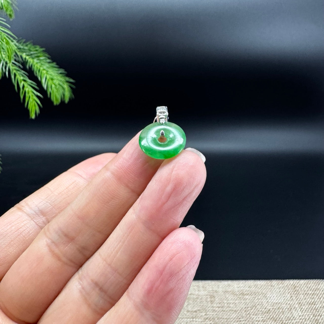 "Good Luck Button" Vibrant Green Jadeite Jade Lucky KouKou Pendant With 18K White Gold Bail