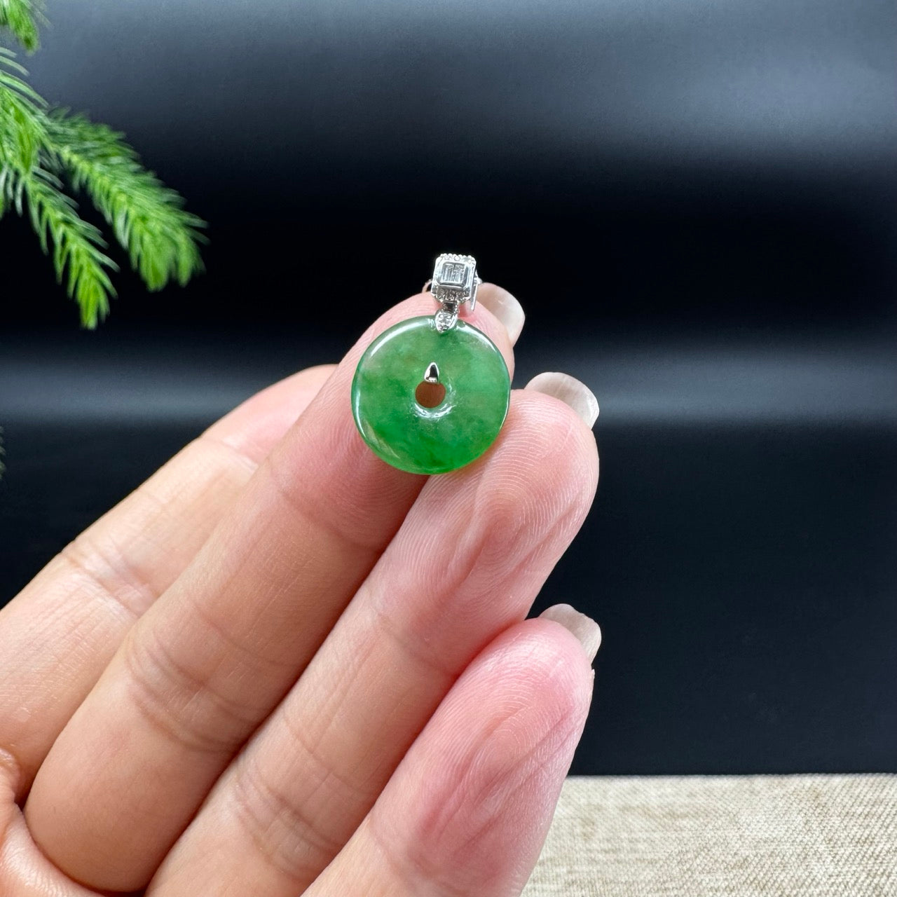 "Good Luck Button" Vibrant Green Jadeite Jade Lucky KouKou Pendant With 18K White Gold Bail
