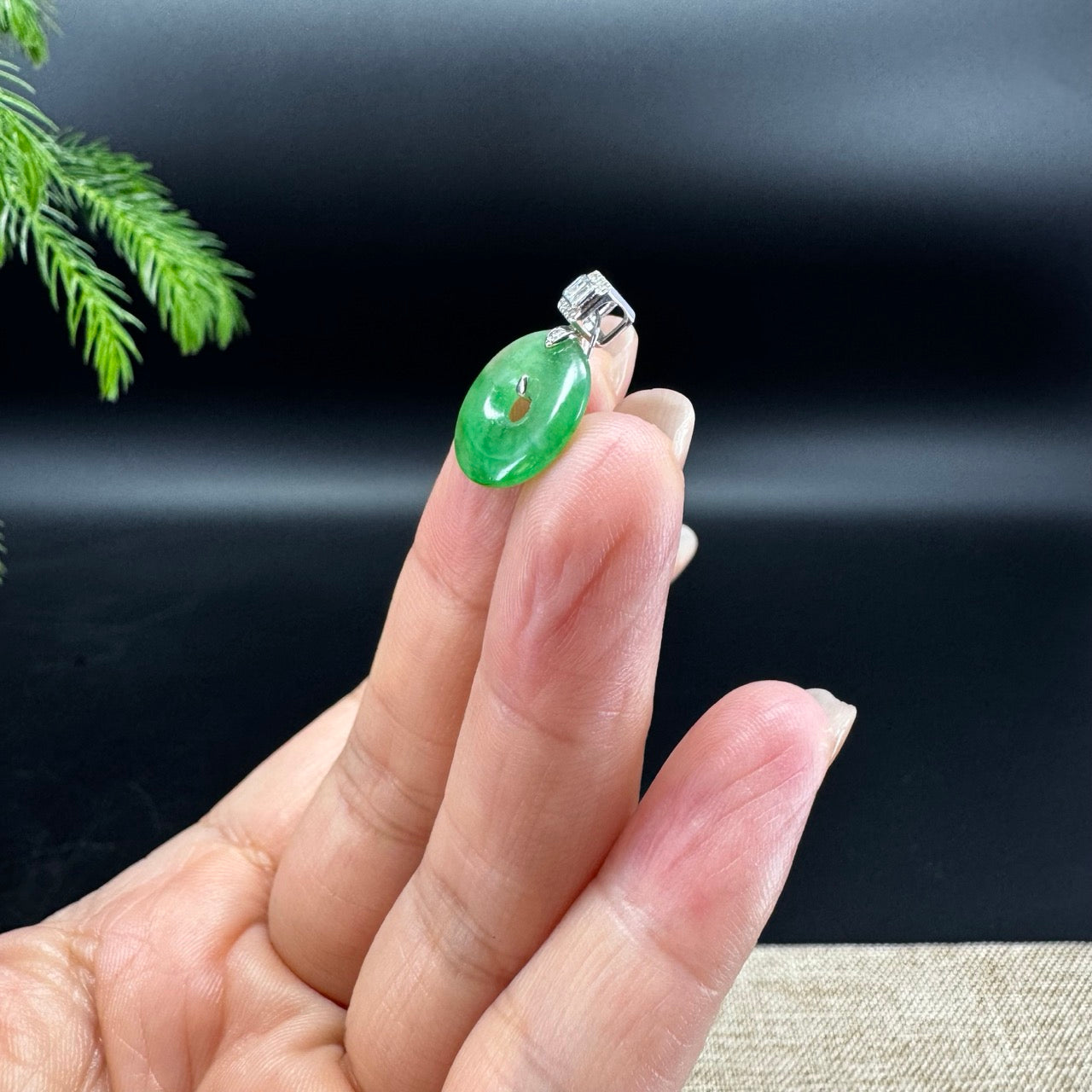 "Good Luck Button" Vibrant Green Jadeite Jade Lucky KouKou Pendant With 18K White Gold Bail