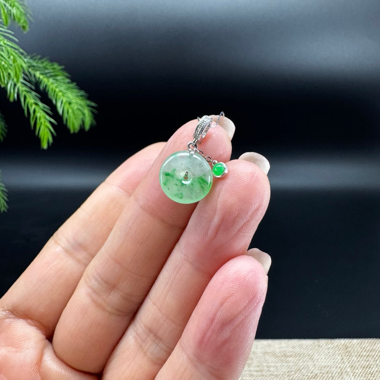 "Good Luck Button" Icy Green Flower Jadeite Jade Mini KouKou Pendant With 18K White Gold Bail