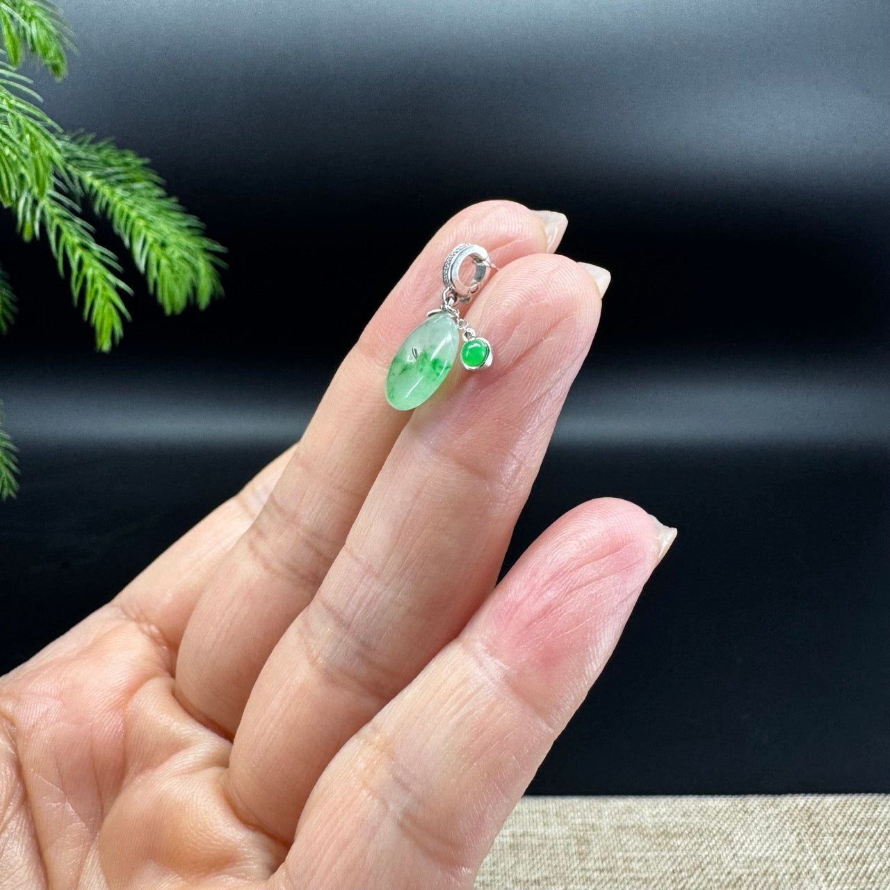 "Good Luck Button" Icy Green Flower Jadeite Jade Mini KouKou Pendant With 18K White Gold Bail