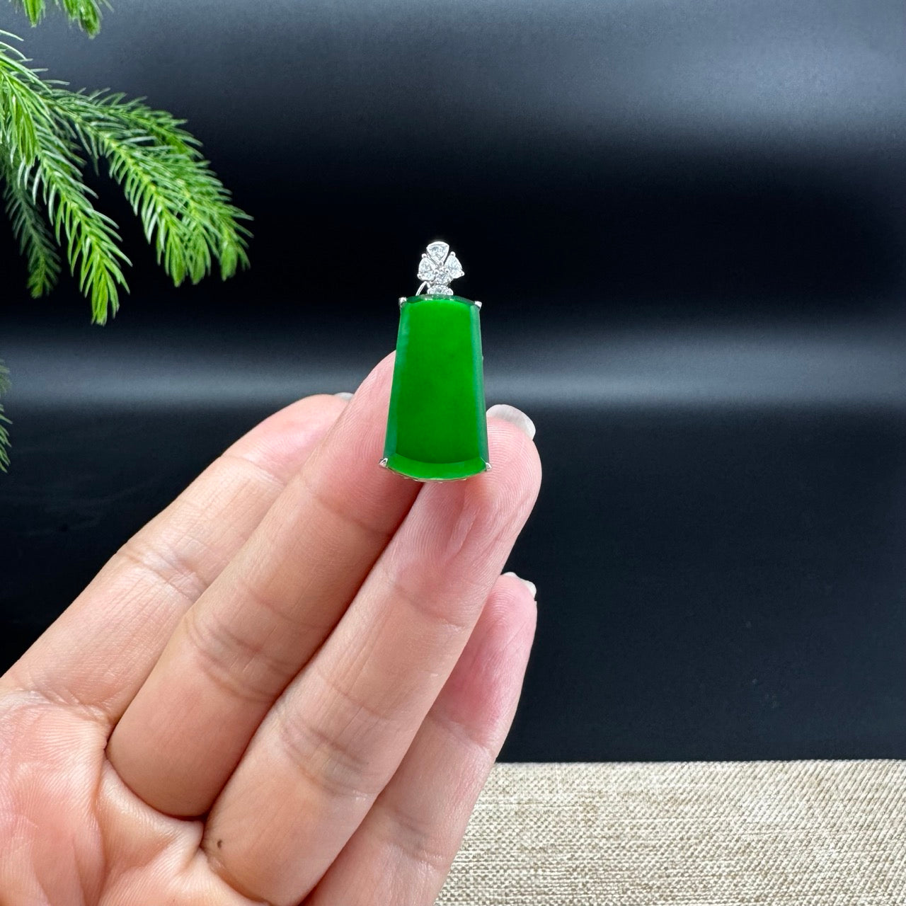 18K White Gold High-End Guatemalan Green Jadeite Jade "Ping An Wu Shi Pai" Necklace with Diamonds