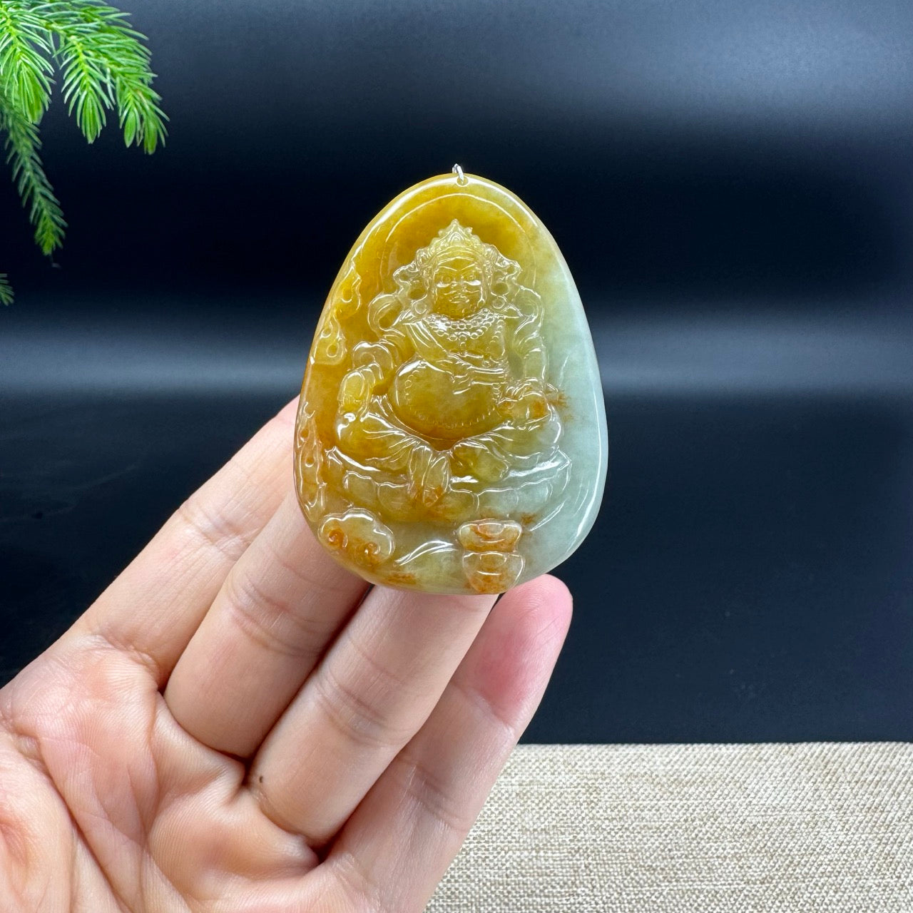 RealJade® Co. Genuine Yellow Green Jadeite Jade Caishen Pendant Necklace