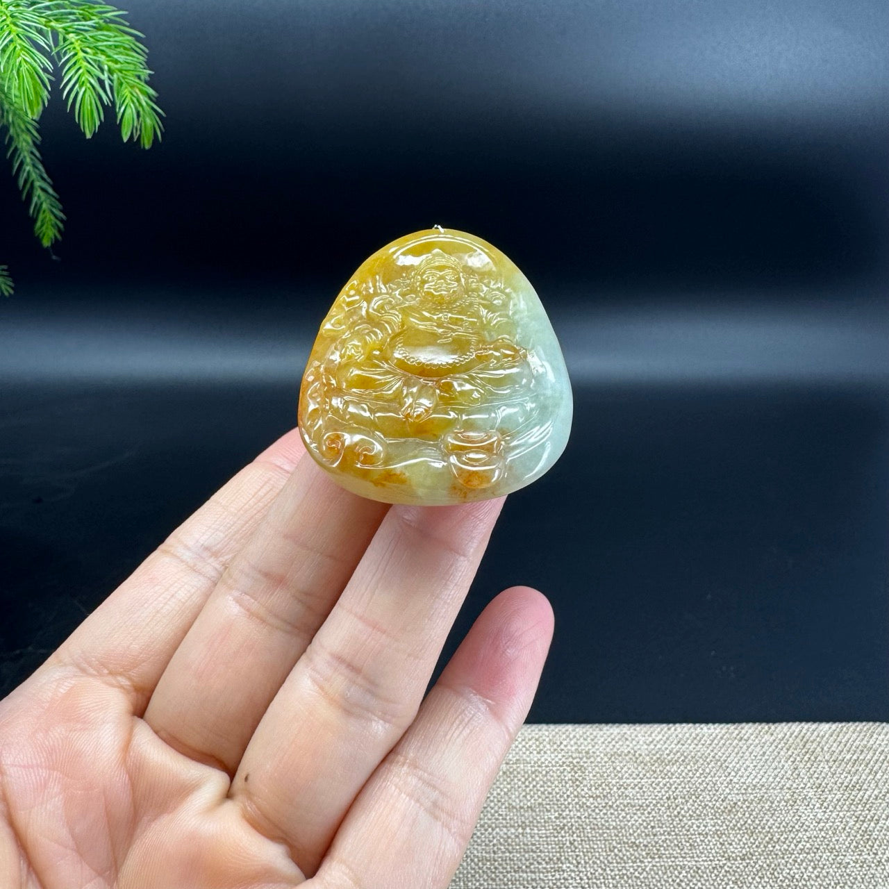 RealJade® Co. Genuine Yellow Green Jadeite Jade Caishen Pendant Necklace