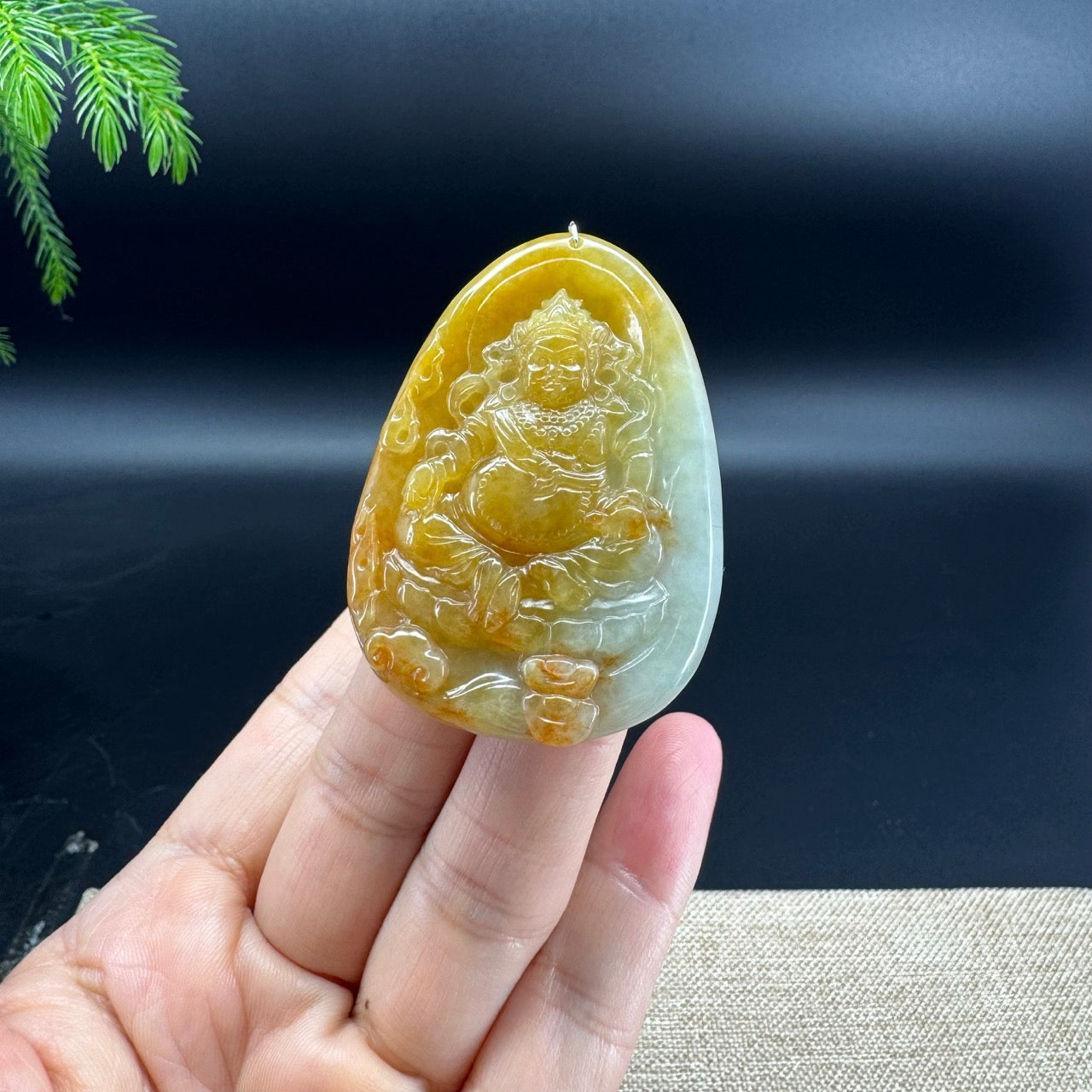 RealJade® Co. Genuine Yellow Green Jadeite Jade Caishen Pendant Necklace