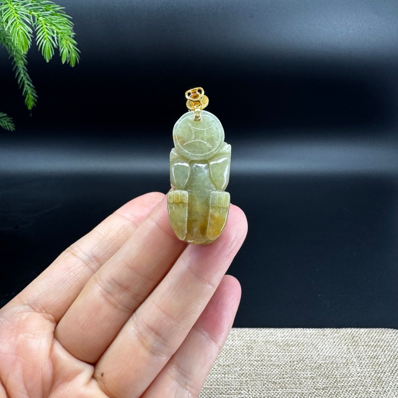 RealJade® Co. 18K Yellow Gold Genuine Yellow Green Burmese Jadeite Jade PiXiu Pendant
